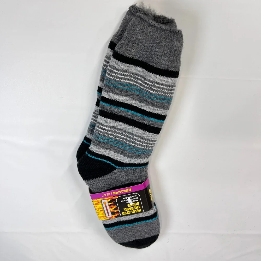 Escape Heat Insulated Thermal Socks Women 9 11 Gray Black Aqua‎ Stripe Cozy Warm